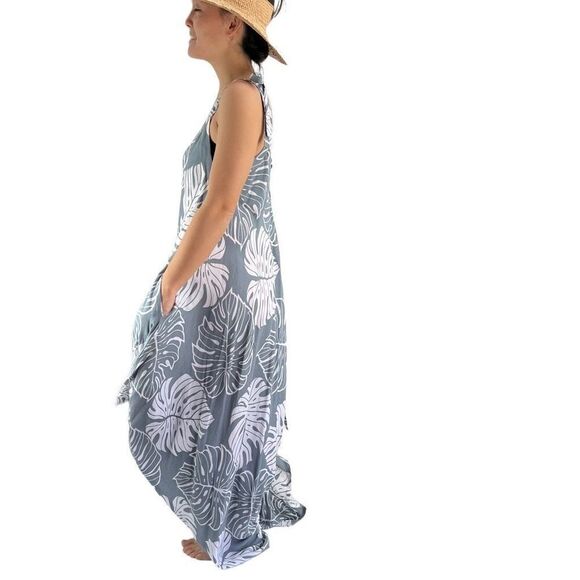Pōʻalima Gray White Monstera Tropical Boho Wide Leg Beach Romper - Picture 3 of 16